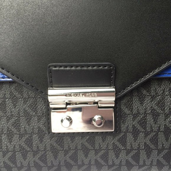 NEW Authentic Michael Kors Sloan Medium Double Flap Leather Satchel Black Blue - Picture 2 of 12
